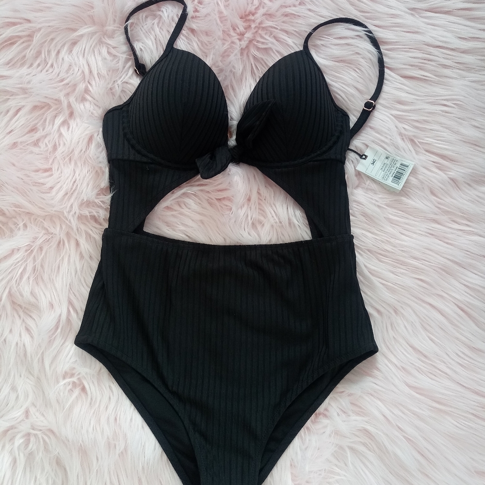 Black one piece ribbed swimsuit